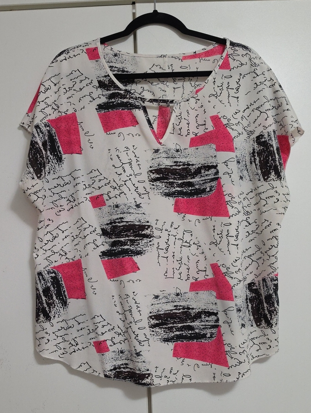 Women’s White Printed Short-Sleeve Top with Pink and Black Accents